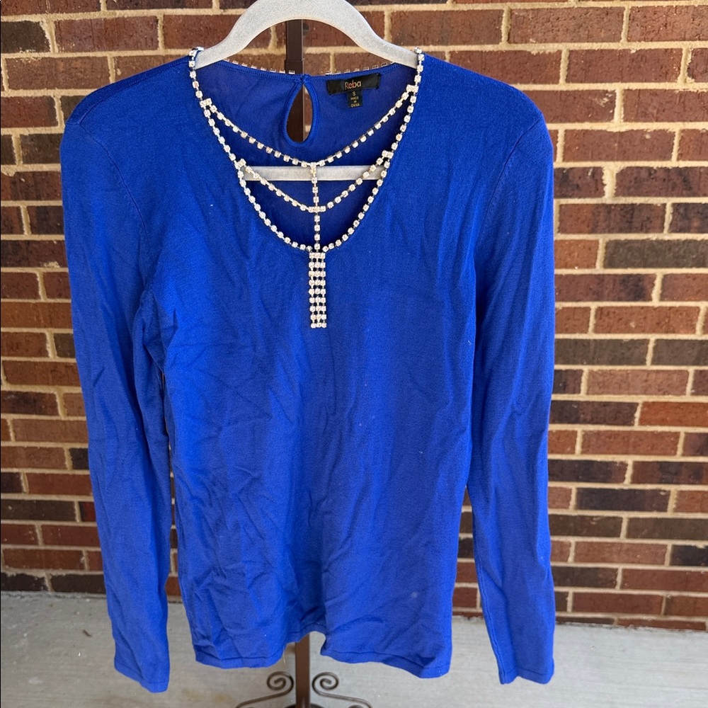 Reba Cobalt Blue Long Sleeve Top with Beaded Accent